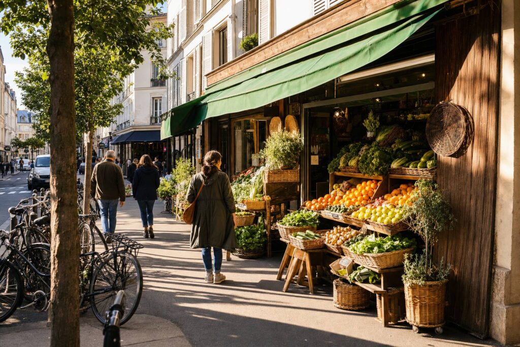 Façade du magasin bio Naturéo à Livry-Gargan, panier de fruits et légumes, rue animée