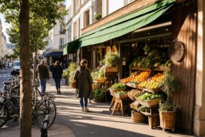 Façade du magasin bio Naturéo à Livry-Gargan, panier de fruits et légumes, rue animée