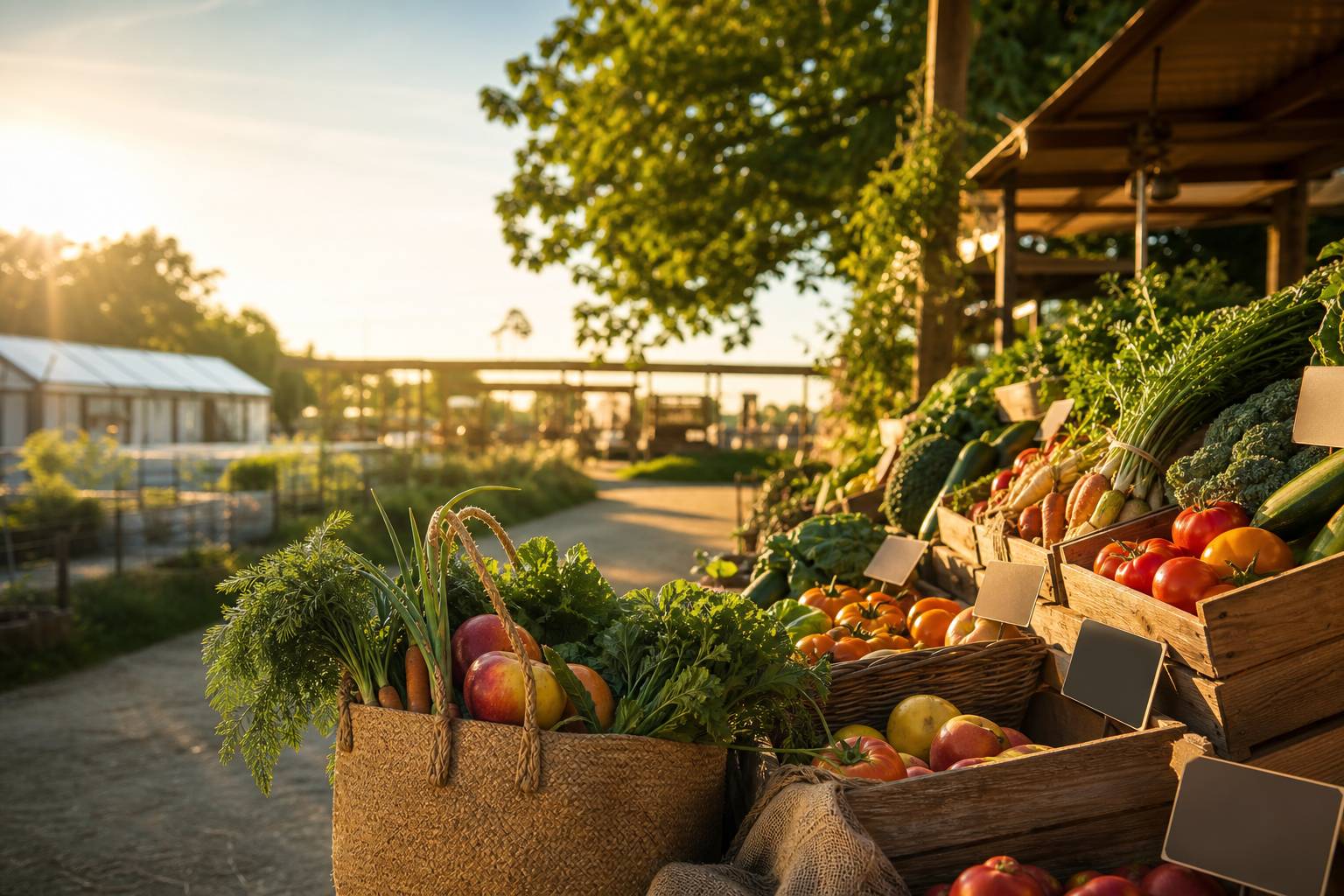 Panier de légumes AMAP à côté d'un étal de marché bio, comparaison des circuits courts