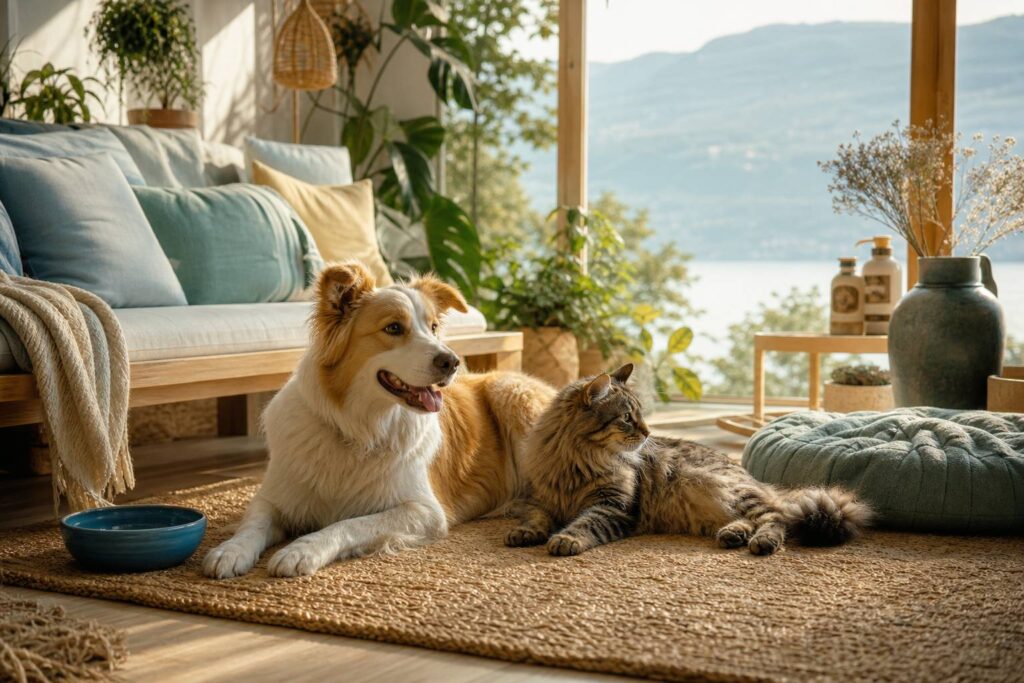 Chien et chat heureux dans interieur cosy avec soins naturels