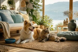 Chien et chat heureux dans interieur cosy avec soins naturels