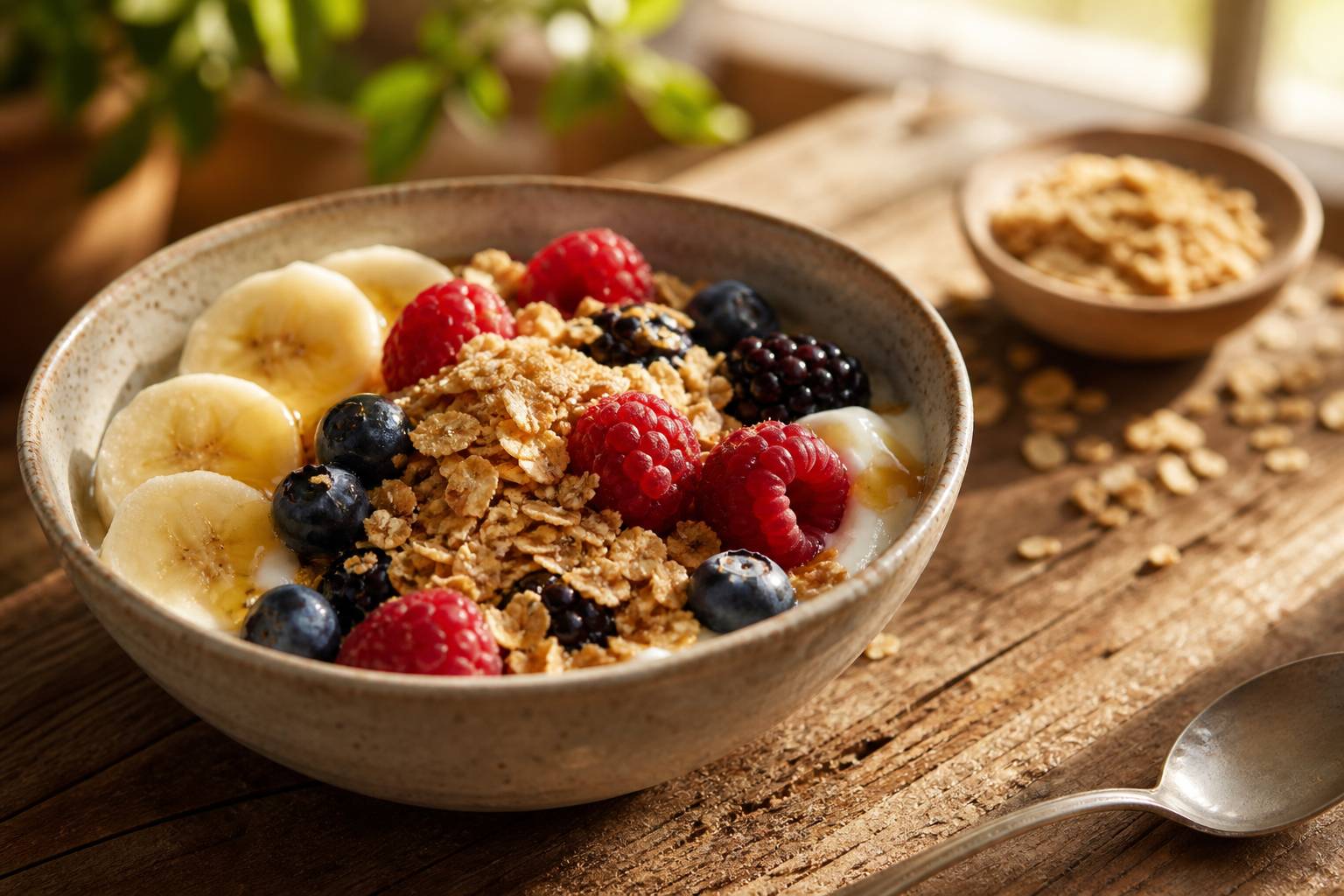 Bol de petit-déjeuner avec yaourt, germe de blé et fruits frais