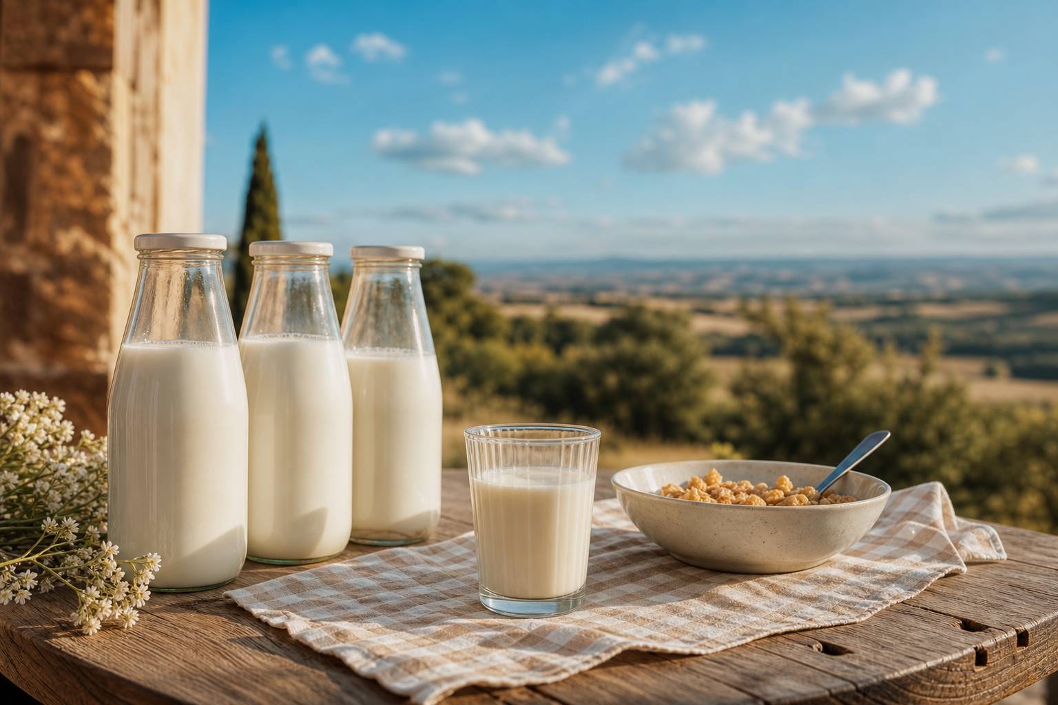 Bouteilles de lait bio et verre de lait frais pour petit-dejeuner