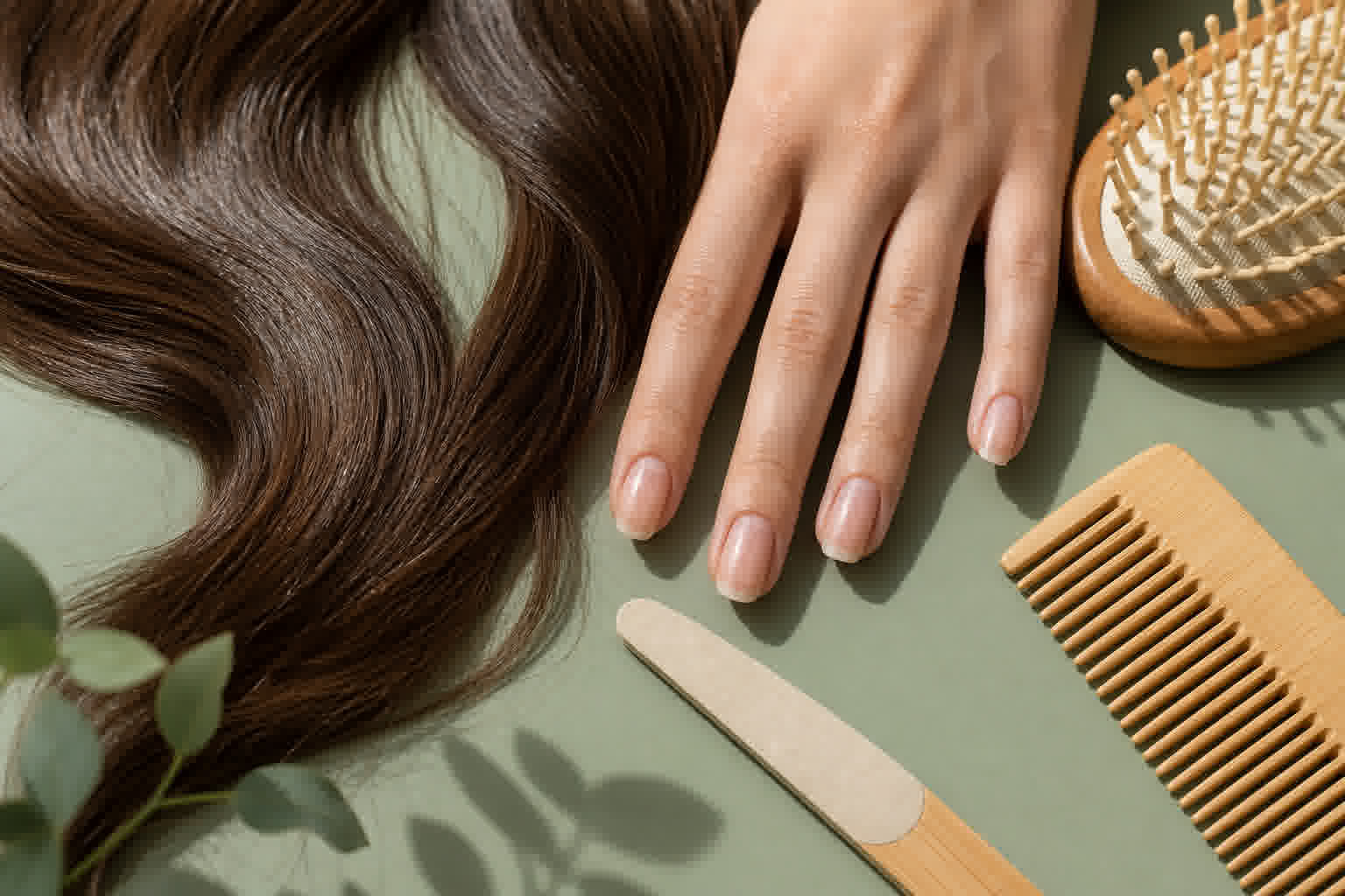 Cheveux brillants et ongles en bonne santé dans un cadre minimaliste naturel