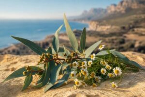Eucalyptus et camomille disposés sur pierre pour traiter la sinusite naturellement