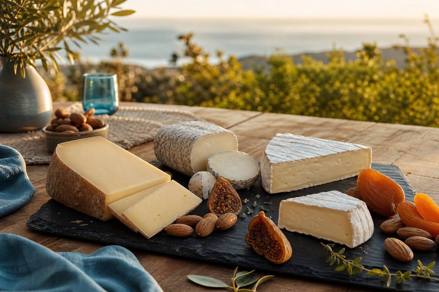 Assortiment de fromages français sans lactose sur plateau en bois, accompagnés de raisins