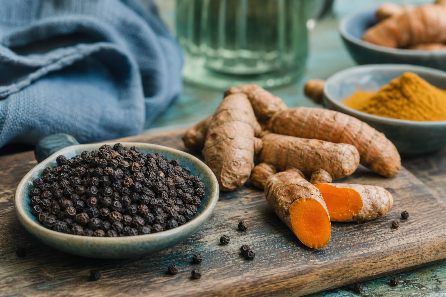Graines de poivre noir et curcuma frais sur une planche en bois