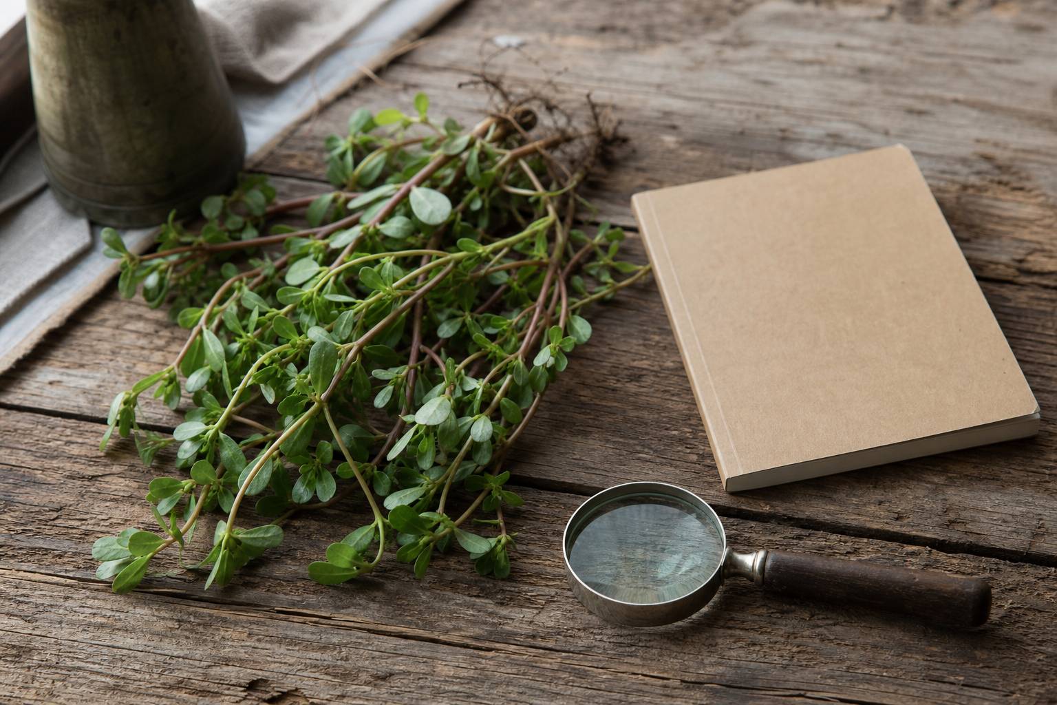 Plante de pourpier fraîche sur table rustique avec carnet et loupe