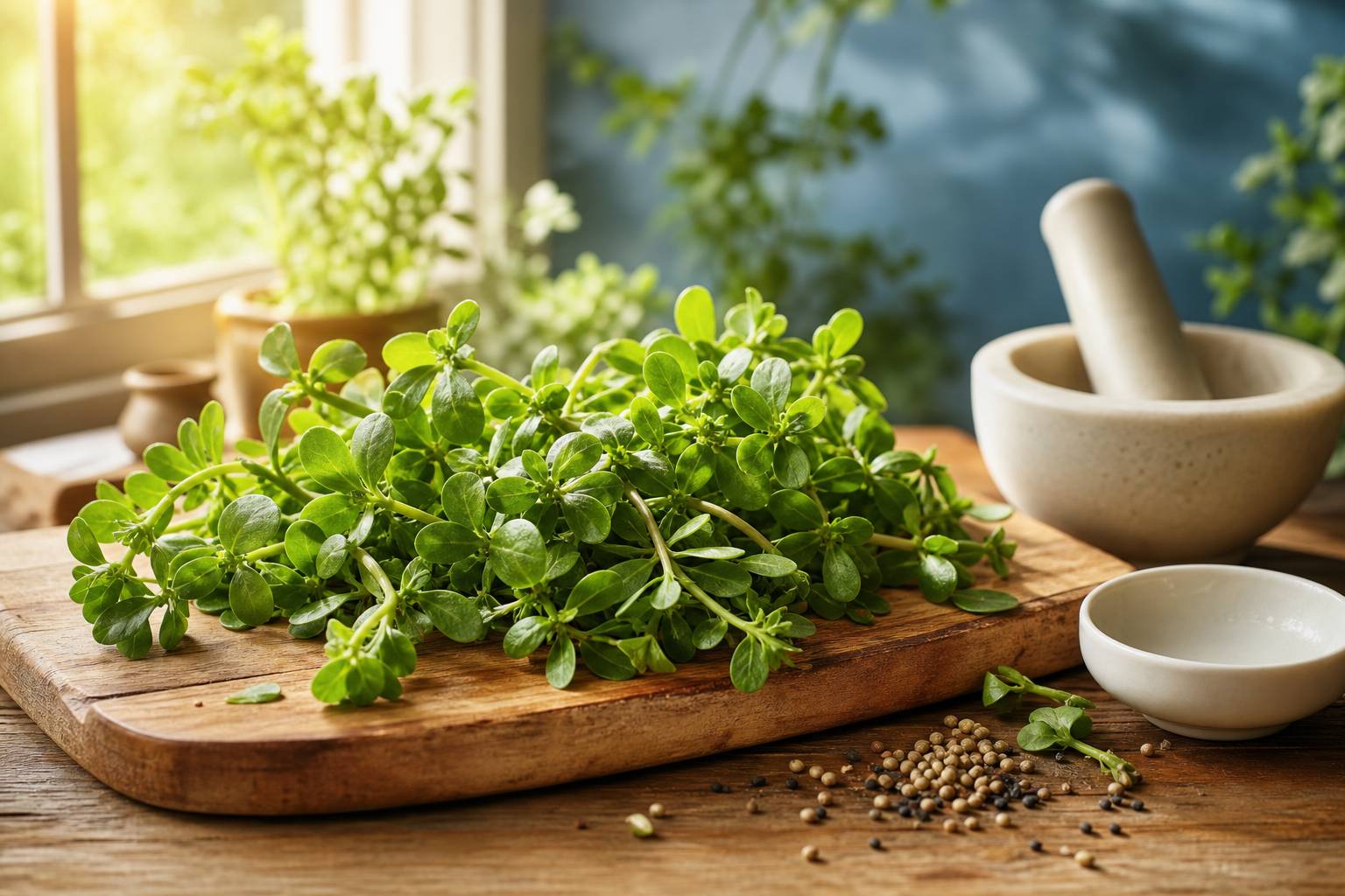 Pourpier frais - préparation phytothérapie mortier et pilon