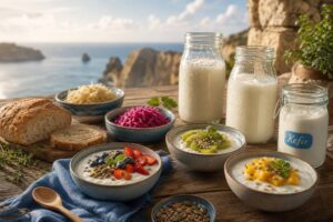 Aliments riches en probiotiques Lactobacillus disposés dans une lumière naturelle chaude