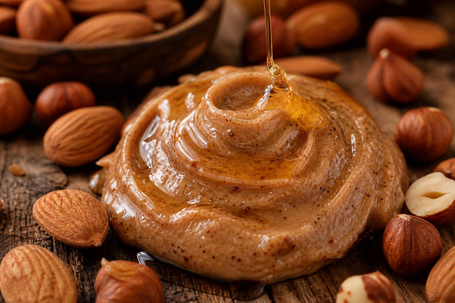 Purée d'amande crémeuse dans un bol en céramique avec amandes et noisettes entières, cuillère en bois, photographie culinaire