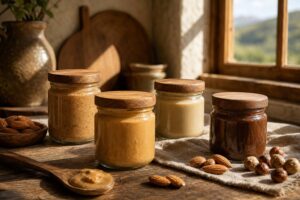 Pots de purées d'oléagineux maison (amande, cacahuète, tahini) sur un plan de travail rustique