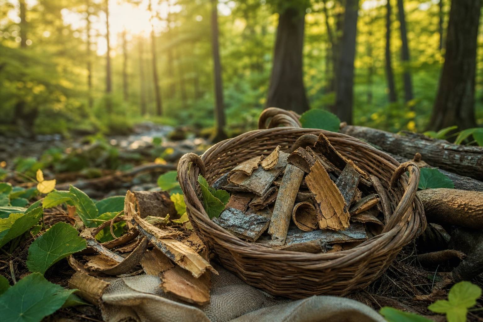 Panier d'aubier de tilleul séché en forêt, préparation de remède naturel traditionnel