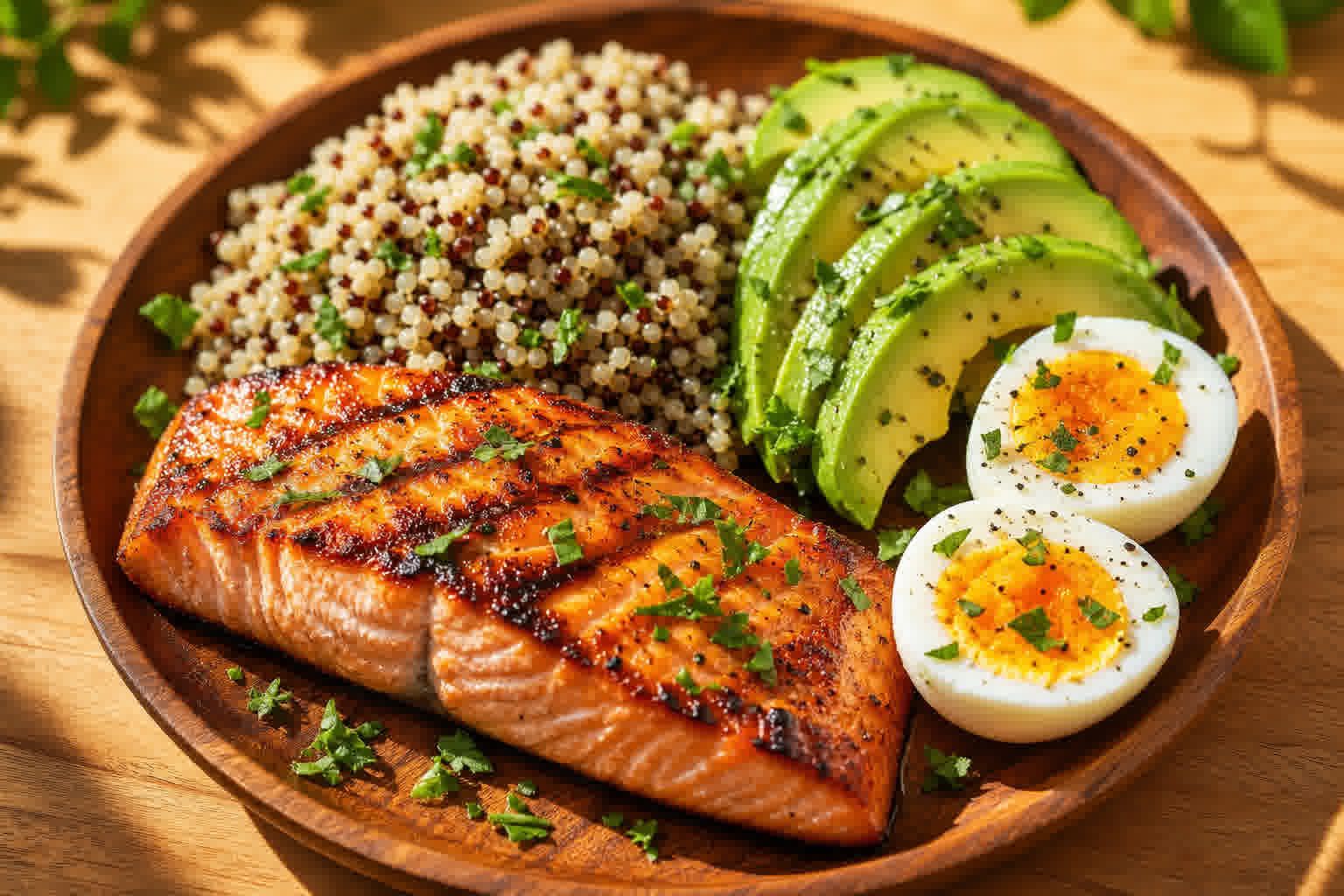 Assiette équilibrée riche en protéines avec saumon, quinoa et avocat