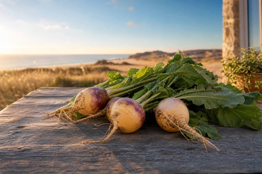 Rutabagas frais avec fanes sur table en bois rustique