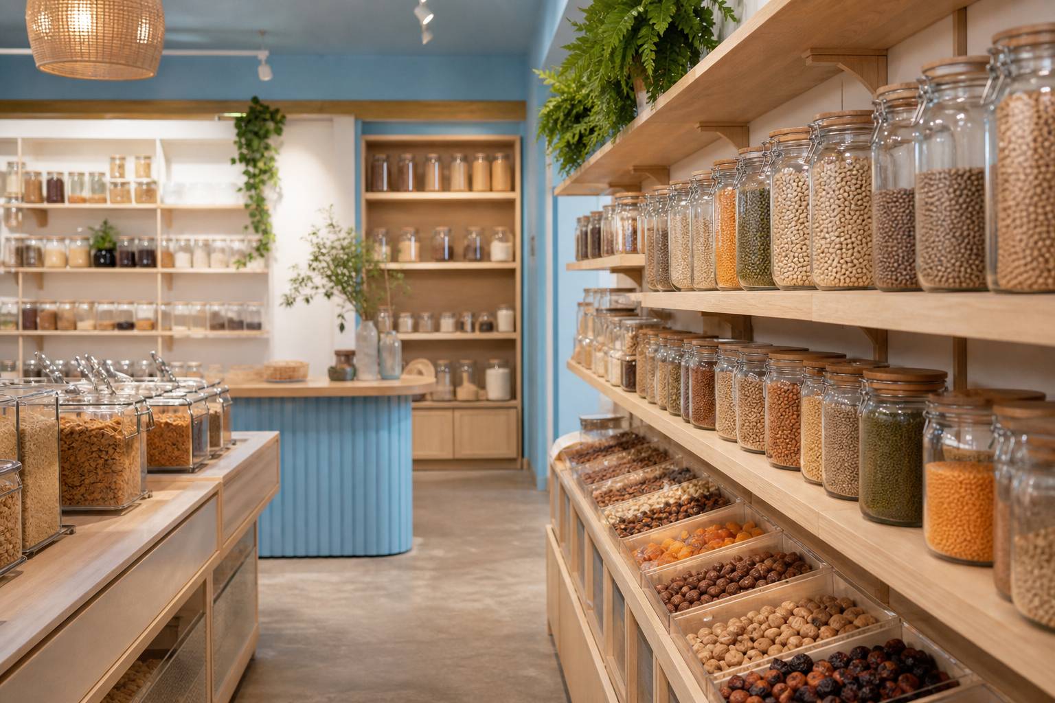 Intérieur lumineux du magasin bio Satoriz Chambéry avec rayons vrac et bocaux en verre