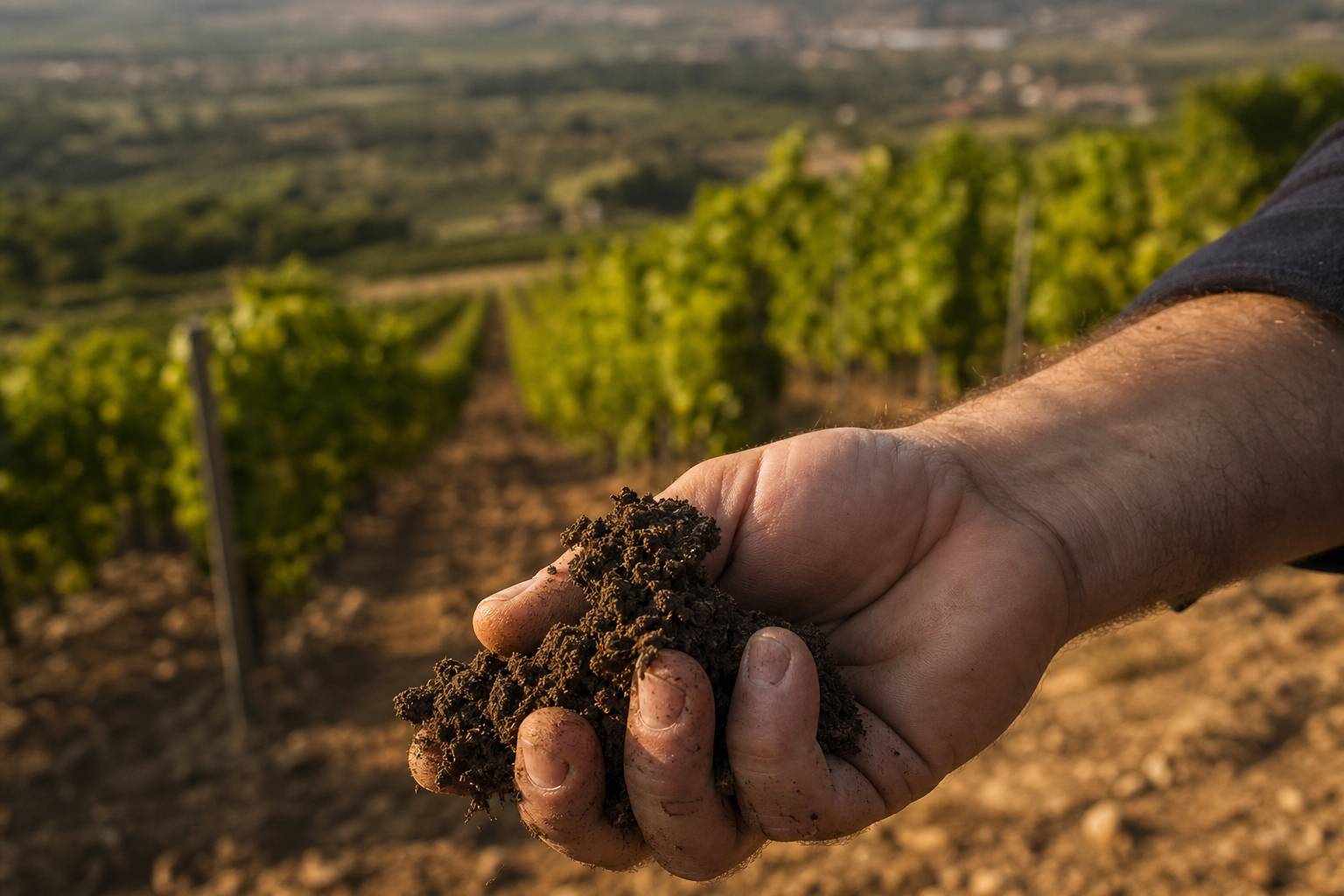 Main tenant la terre du vignoble, sol et géologie du terroir