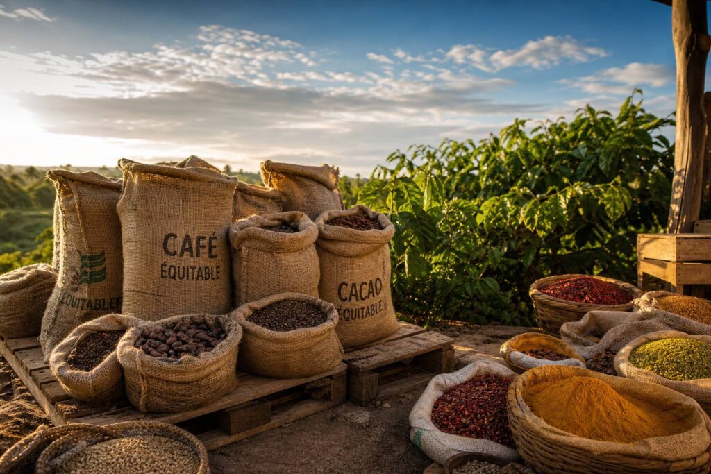 Sacs de café et cacao en jute sur palette bois, épices colorées, lumière dorée, ambiance commerce équitable