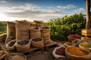 Sacs de café et cacao en jute sur palette bois, épices colorées, lumière dorée, ambiance commerce équitable