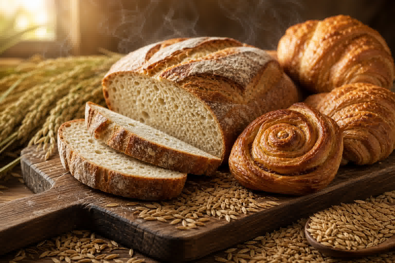 Pains et pâtisseries à base de farine de son de riz sur fond rustique