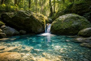 Source d'eau minérale naturelle jaillissant entre rochers moussus en forêt, rayons de lumière, eau cristalline