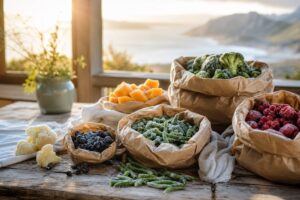 Aliments surgelés colorés sur une table en bois rustique, lumière dorée matinale, photographie documentaire culinaire