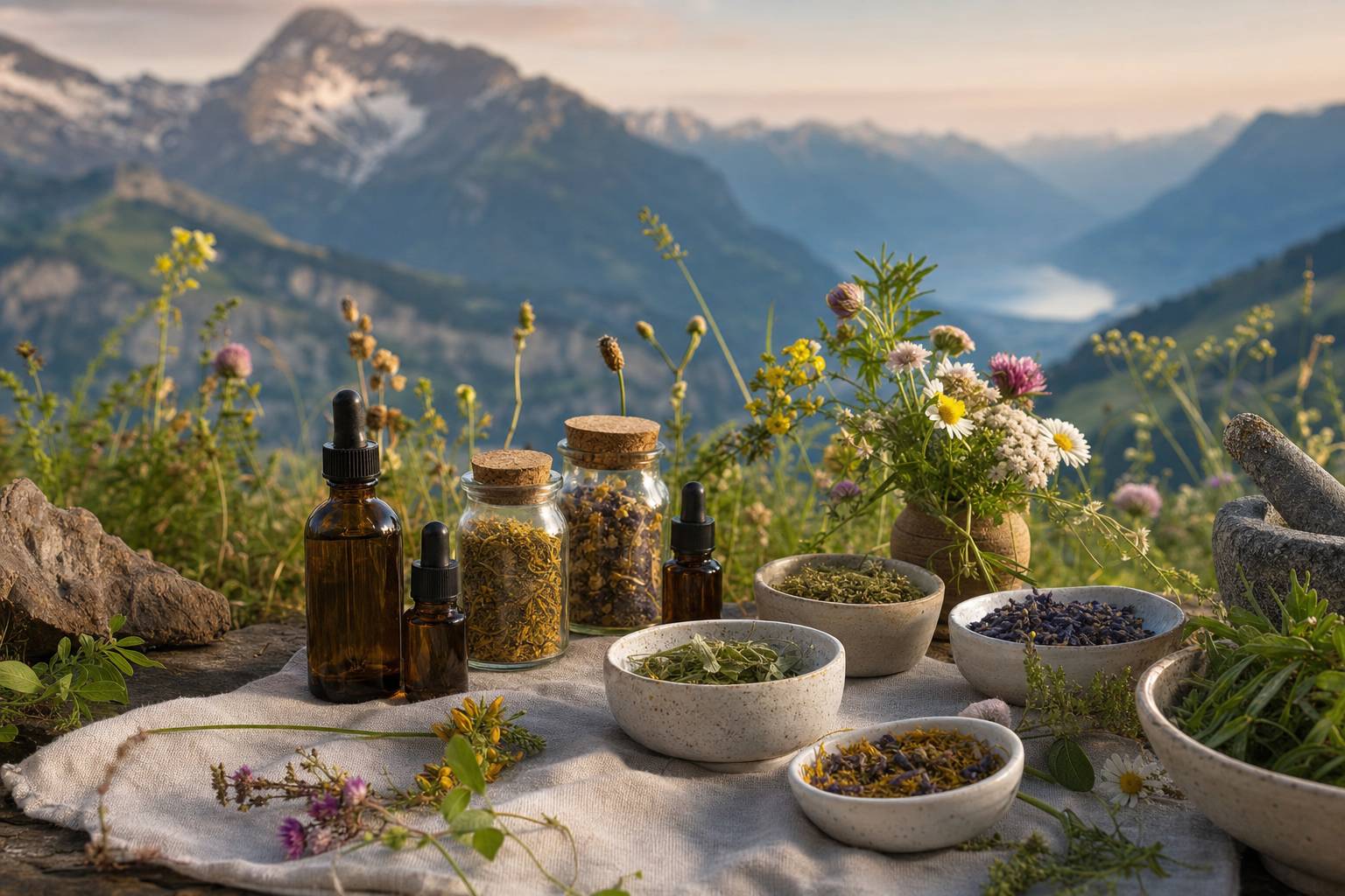 Préparations cosmétiques naturelles suisses Thera Viva avec extraits botaniques dans un paysage alpin