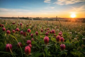 Champ de trefles rouges en fleurs au coucher de soleil