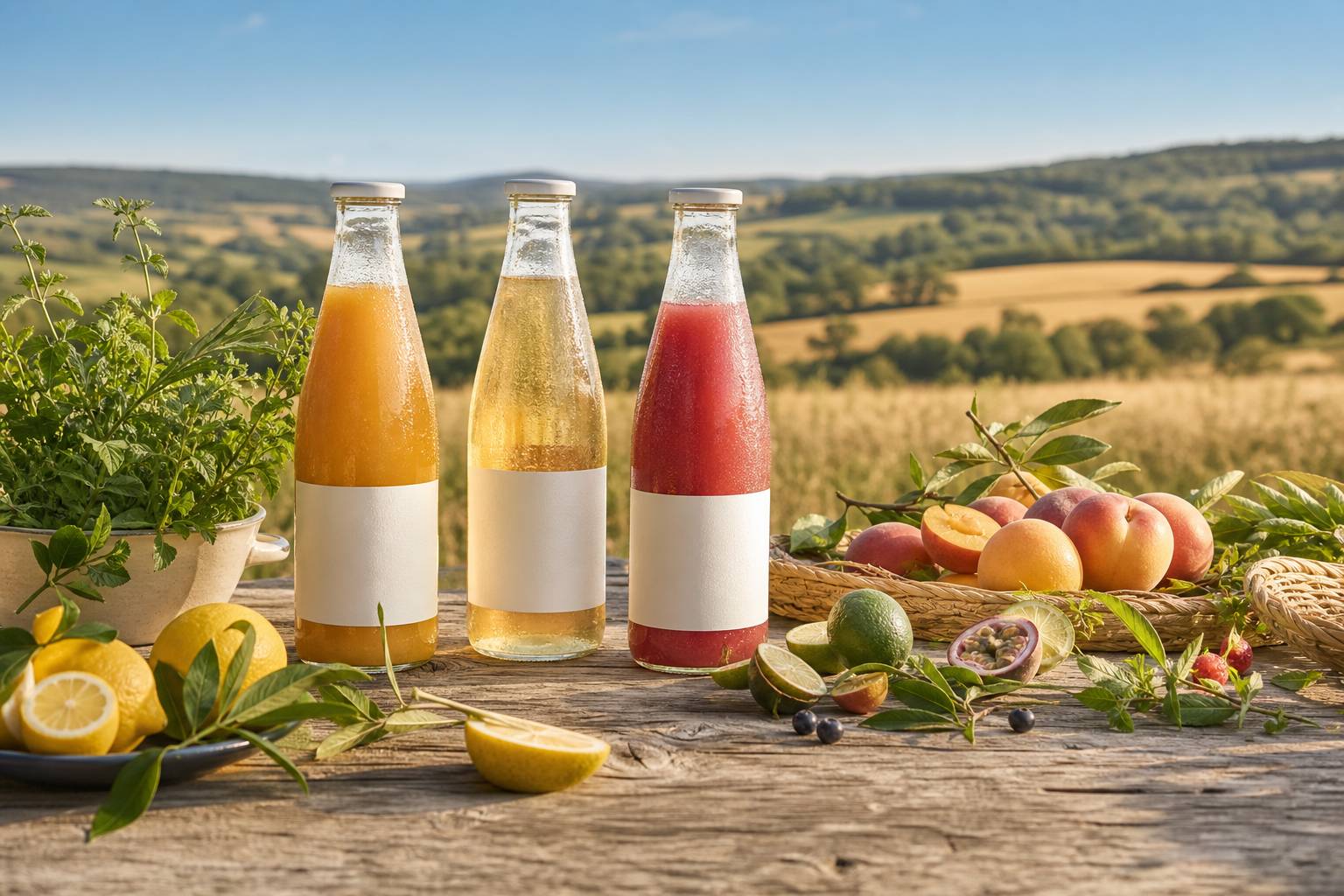 Jus de fruits frais bio Unaju avec fruits de saison dans un cadre naturel ensoleillé