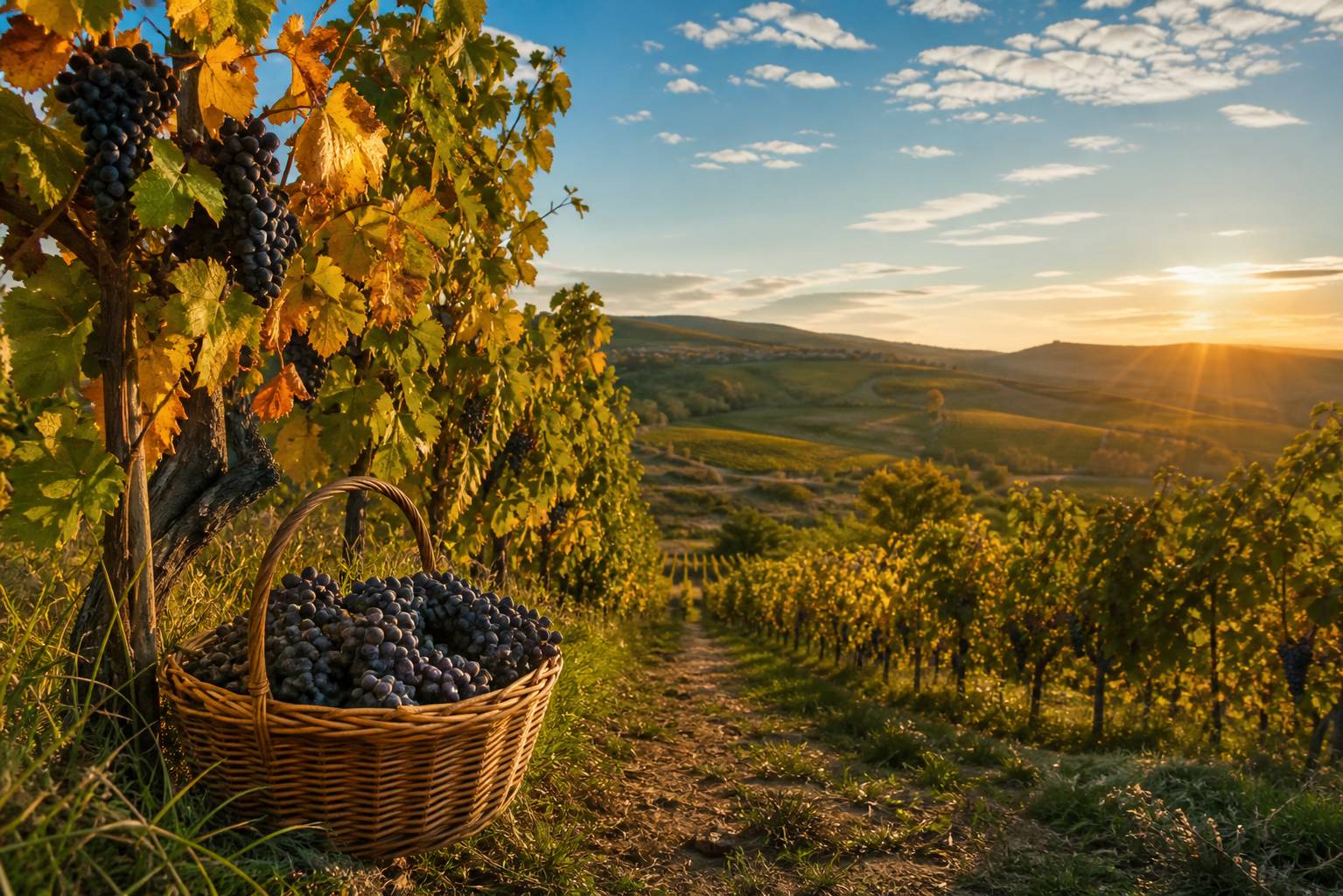 Vignoble en automne avec vendanges et panier de raisins