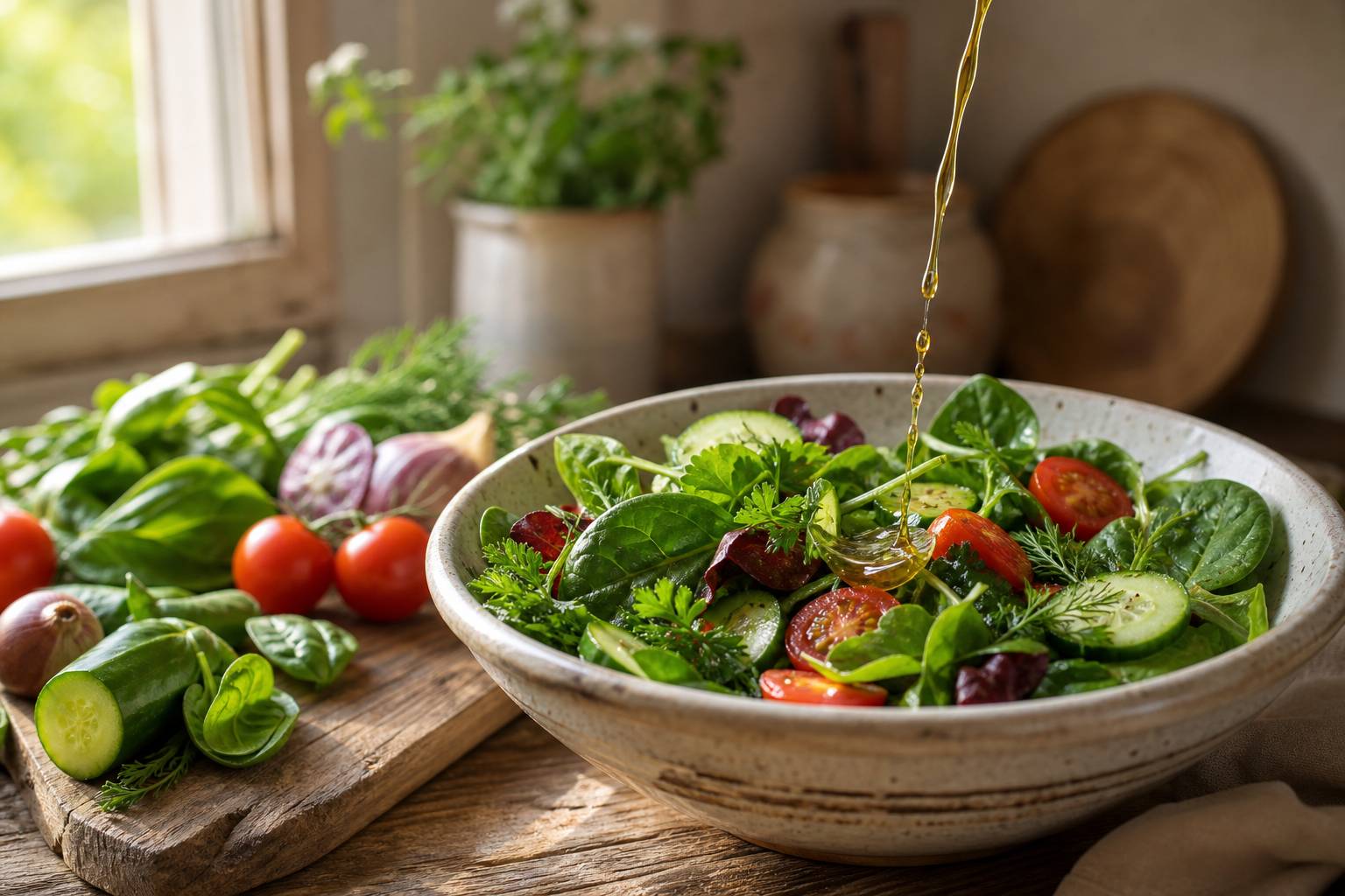 Salade verte assaisonnée de vinaigrette au vinaigre de cidre