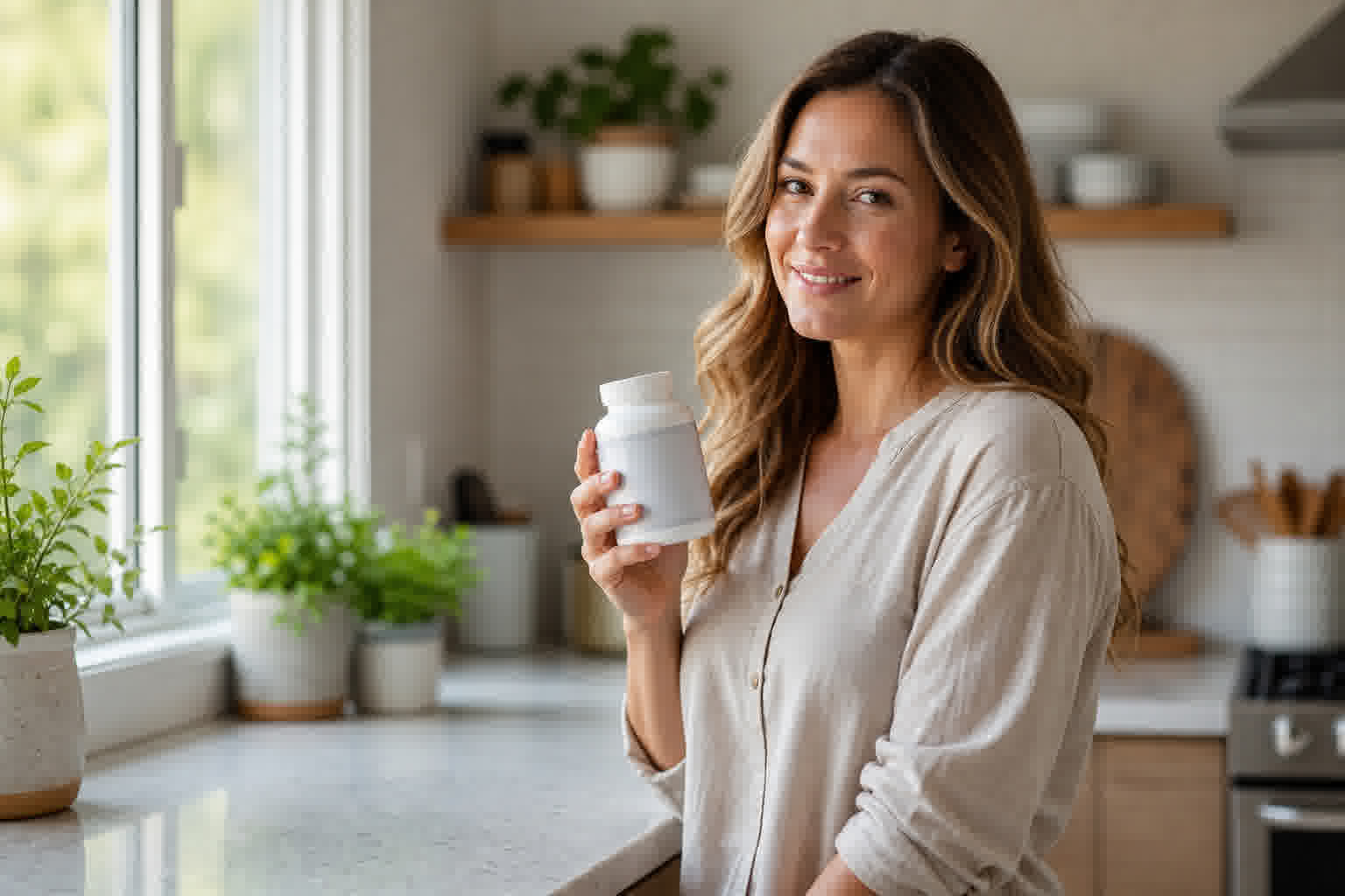 Femme prenant un complément Vitall+ dans sa cuisine, concept de santé naturelle
