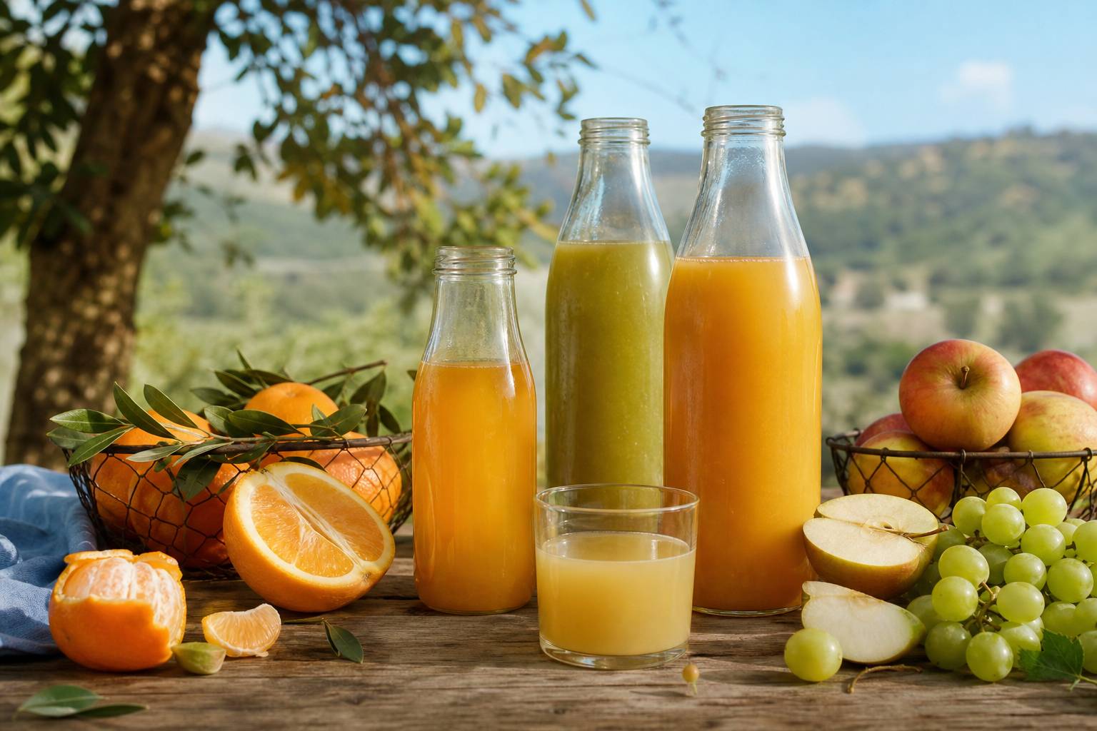 Bouteilles de jus de fruits bio en verre avec fruits frais