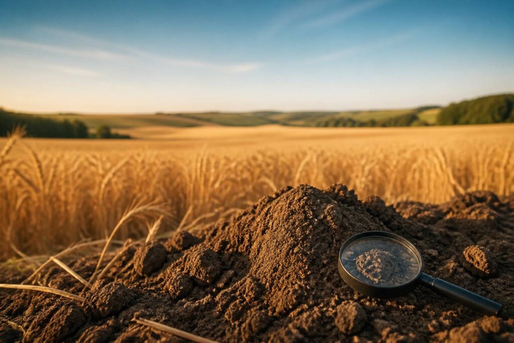 Épis de blé dorés avec une motte de terre et une loupe au premier plan