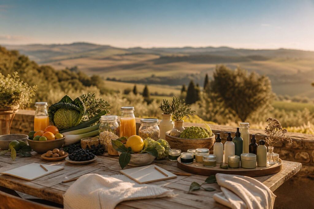 Table de dégustation avec des produits bio variés et des carnets de notes