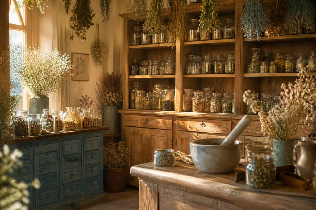 Herboristerie avec bocaux en verre de plantes séchées et herbes suspendues