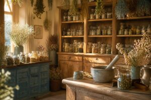 Herboristerie avec bocaux en verre de plantes séchées et herbes suspendues