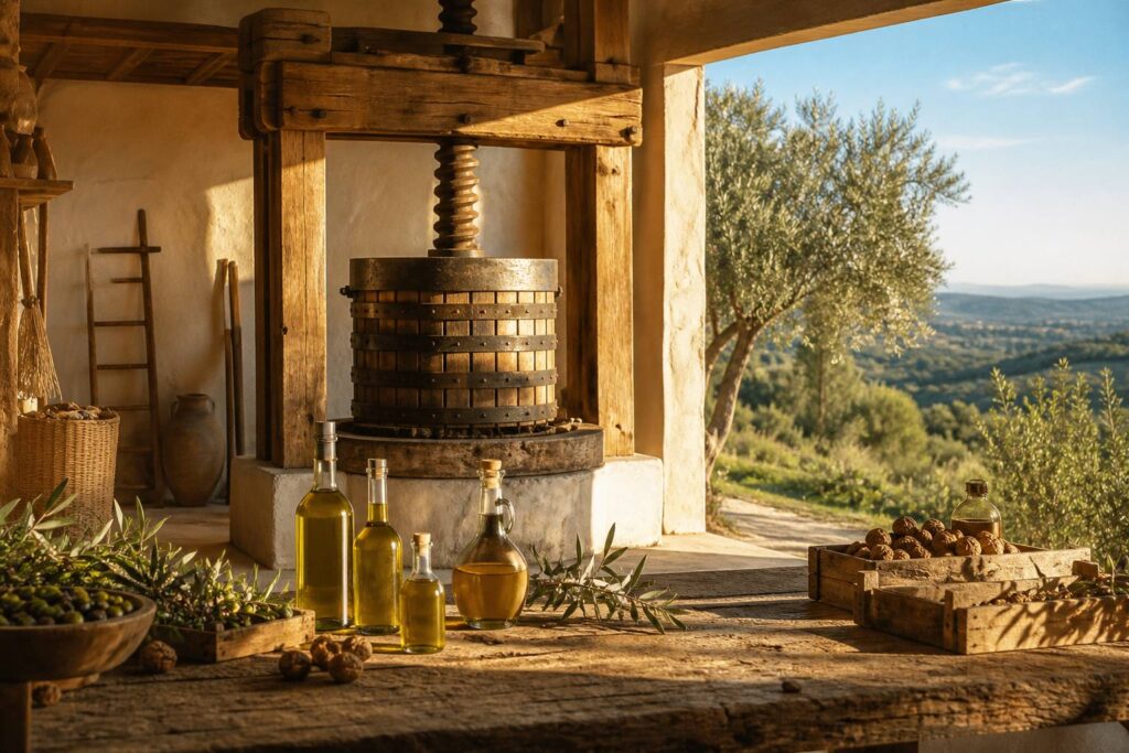 Presse à huile artisanale avec bouteilles d'huile d'olive et de noix