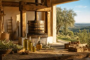 Presse à huile artisanale avec bouteilles d'huile d'olive et de noix