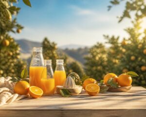 Bouteilles de jus d'orange bio avec des oranges fraîches devant un verger