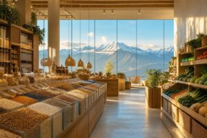 Magasin bio avec bacs de vrac et légumes de saison, montagnes en arrière-plan