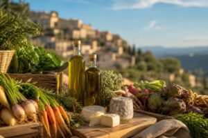 Étal de marché provençal avec légumes anciens, fromages de chèvre et huile d'olive