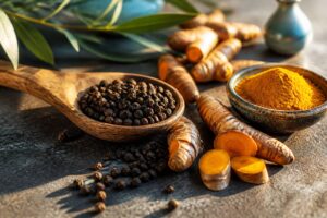 Grains de poivre noir, rhizomes de curcuma et poudre dorée dans un bol