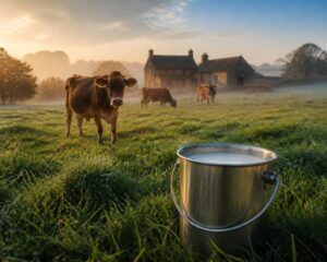 Vaches jersiaises dans un pré avec un seau de lait devant une ferme en pierre