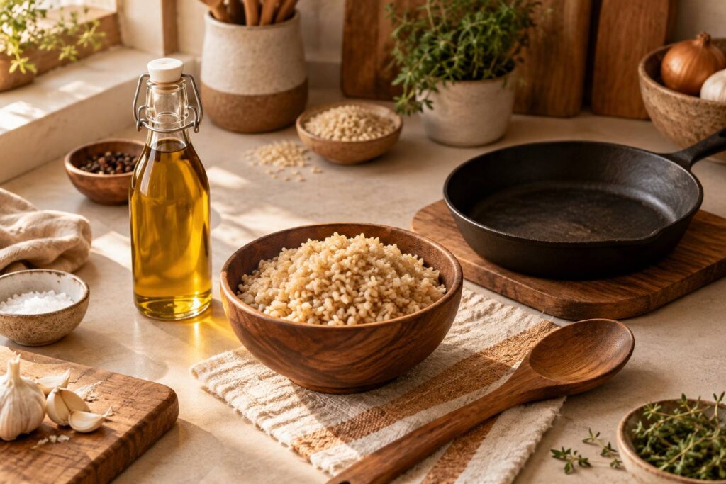 Bouteille d'huile doree, riz complet et poele en fonte sur un plan de cuisine