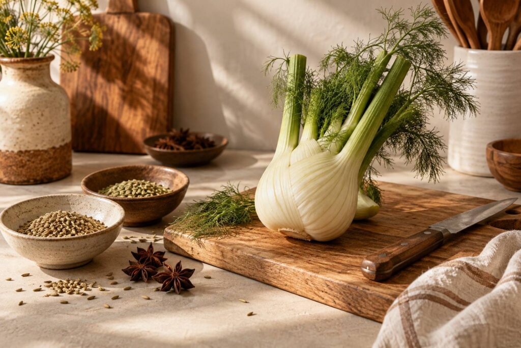 Bulbe de fenouil, graines d'anis et badiane sur un plan de cuisine