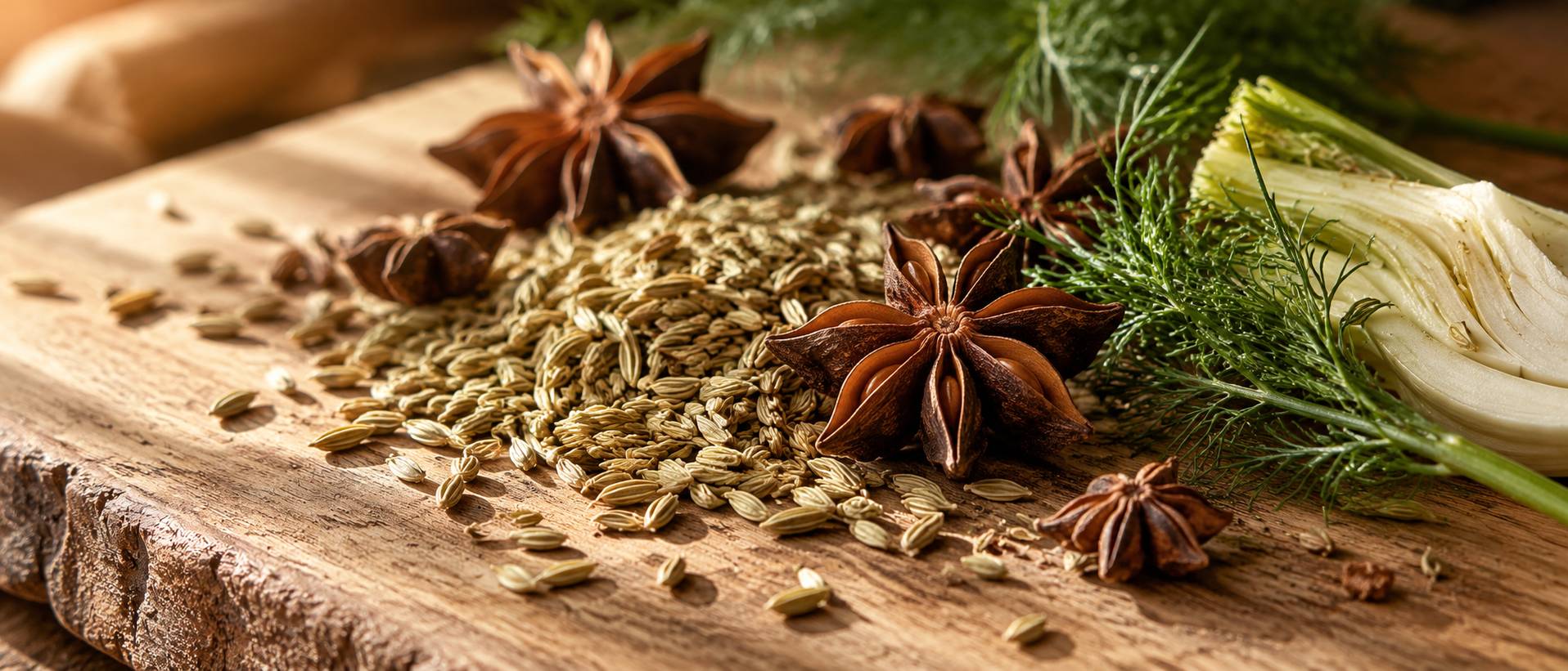 Graines d'anis vert et etoiles de badiane sur une planche en bois