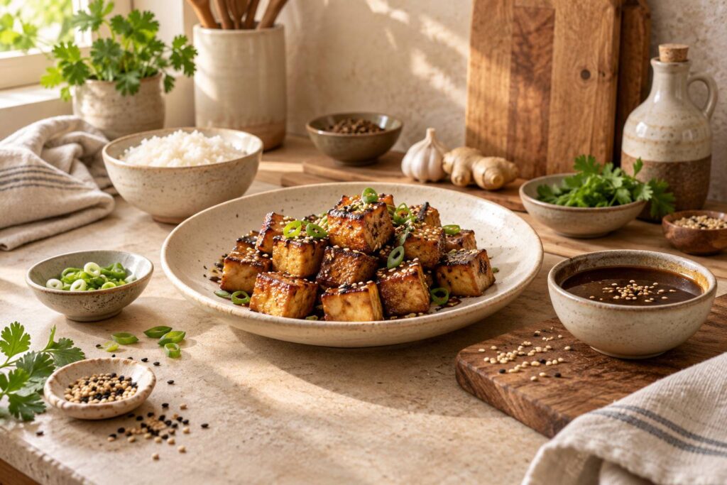 Cubes de tofu marine dans une assiette en ceramique avec bol de sauce