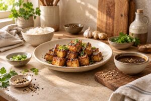Cubes de tofu marine dans une assiette en ceramique avec bol de sauce