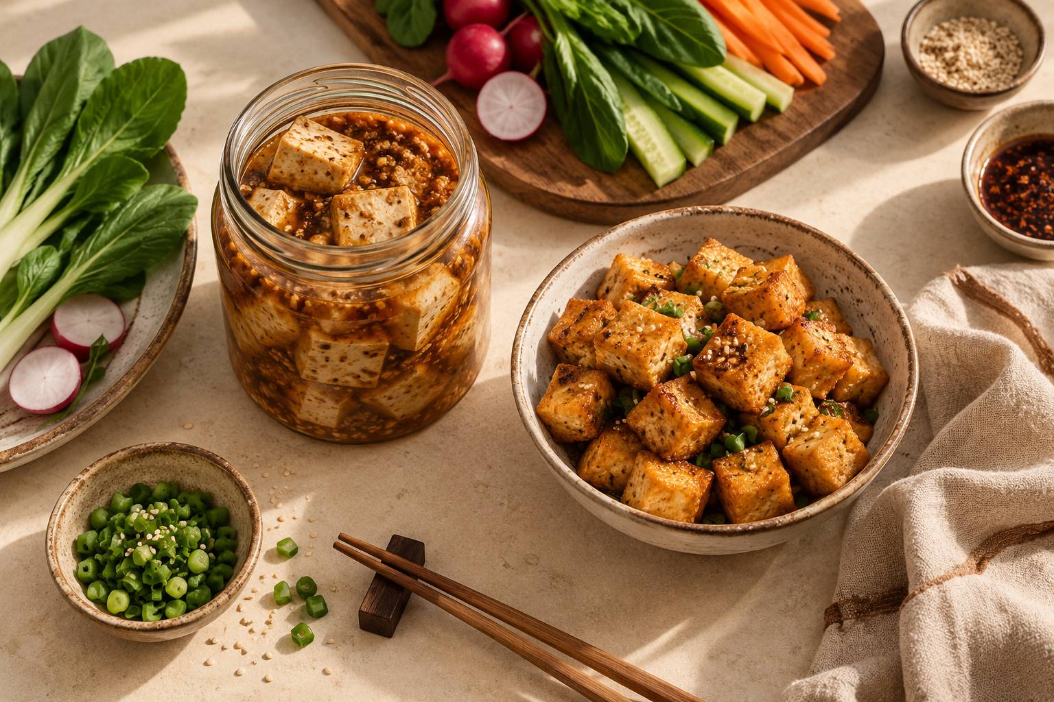 Bocal de tofu fermente et bol de cubes dores avec baguettes et legumes